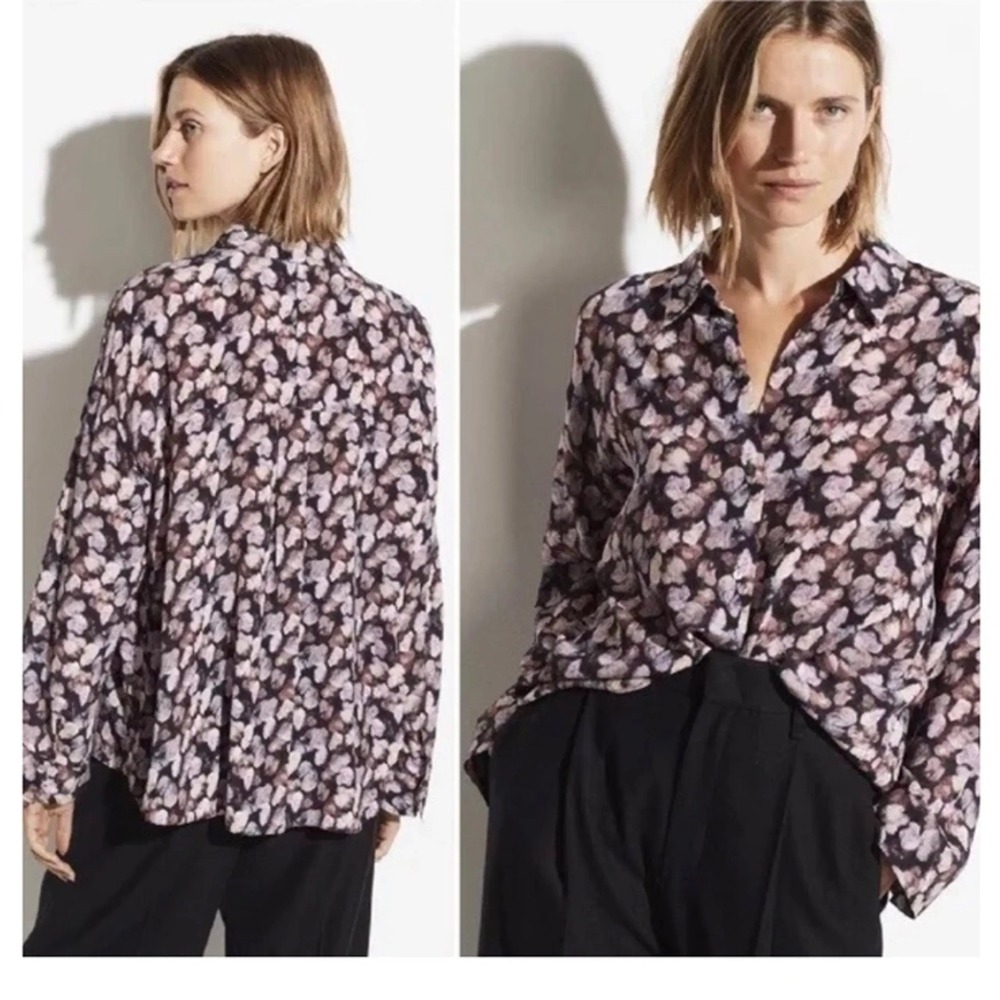 Vince Purple Silk Crepe Floral Button Down Blouse Sz M Micro Painted Lightweight